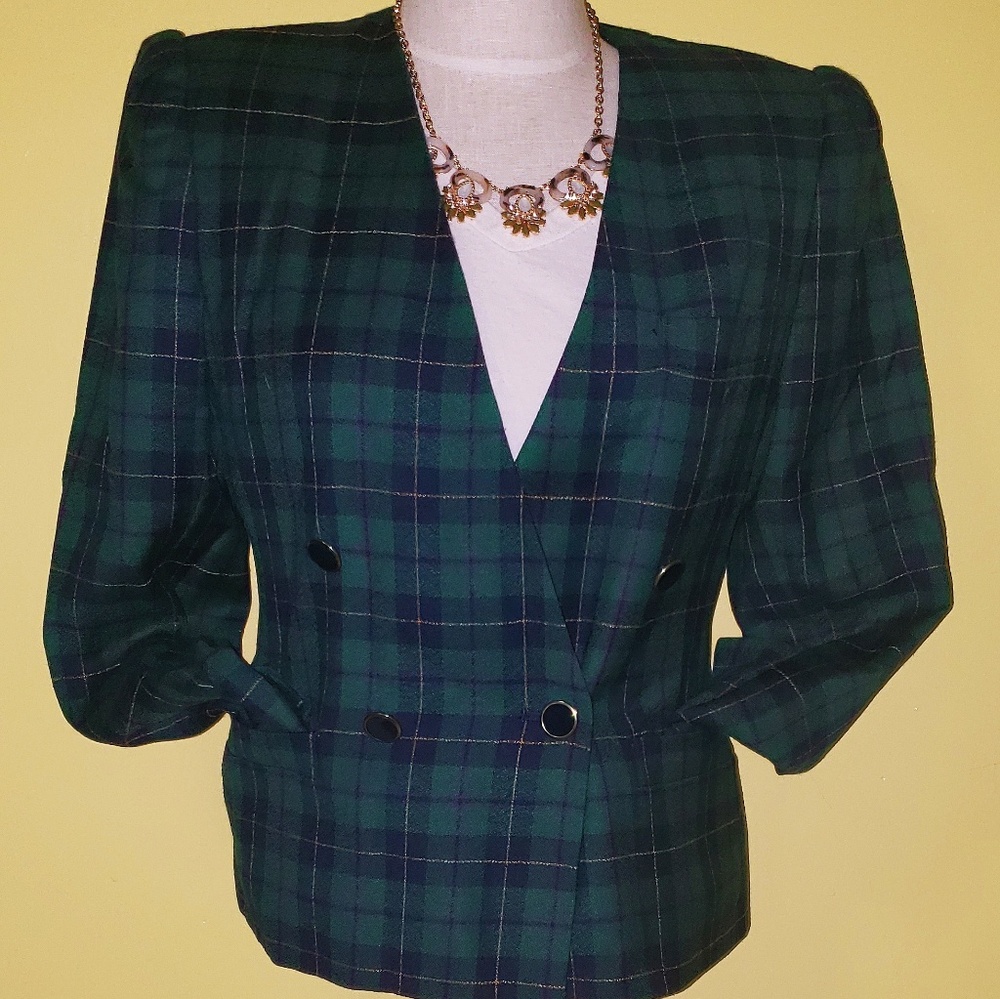 Vintage Green Tartan Wool Blazer